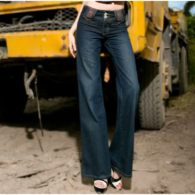 Женские джинсы с высокой талией винтажные синие широкими штанинами свободные