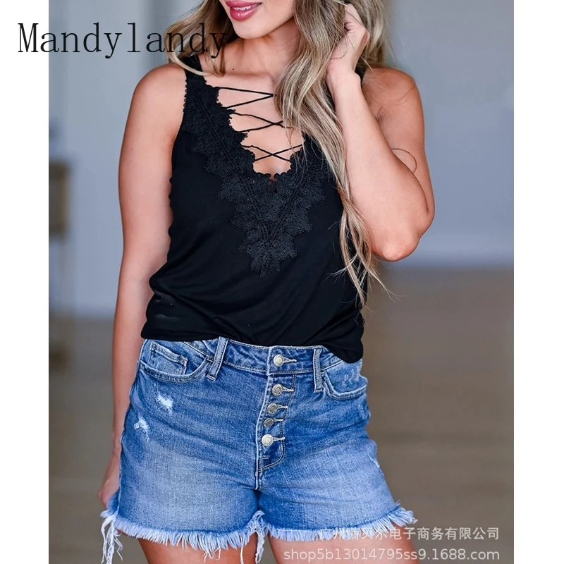 

Mandylandy Vest Summer Sexy Backless Sleeveless V-neck Stitching Vest Women's Casual Solid Color Lace Hollow Out Vest