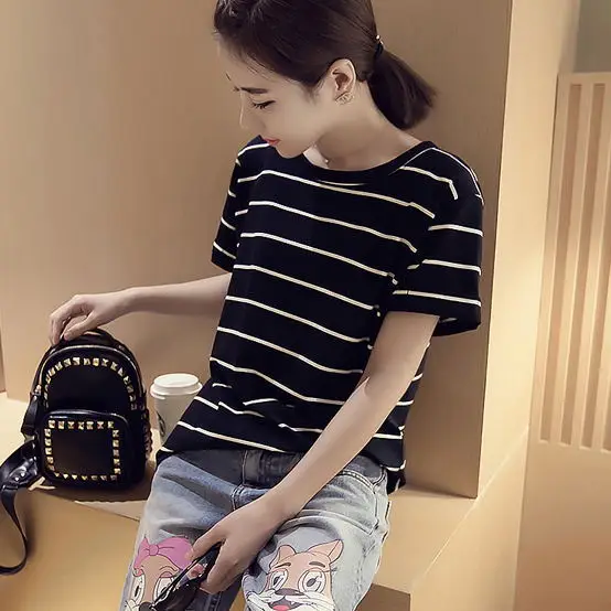 

2021 spring and summer new Korean large size women's striped short sleeve T-shirt Tops 90s Girls Graphic Tee Woman Clothing