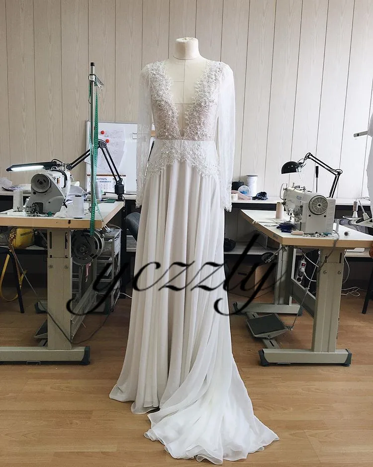 Boho Wedding Dress Sexy V-neck Long Sleeves Lace Appliques Pearls Beach Gowns Plus Size Chiffon Bride With Diamond | Свадьбы и