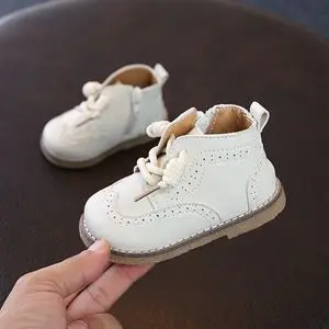 Бежевый Claladoudou 12-16 см брендовые Детские ботинки Розовый Бежевый Черный Чистая ПУ кожа обувь принцесса Ретро вечерние туфли для девочек ботильоны - Цвет: Бежевый