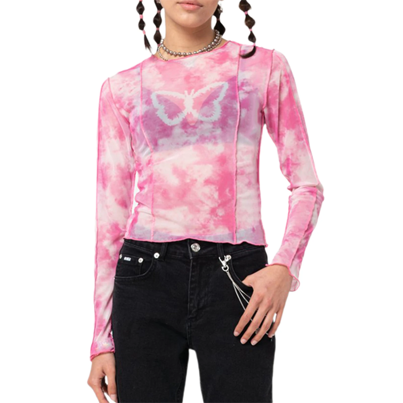 

Sexy Women Polyester Casual Sheer Mesh Butterfly Tops Long Sleeve Crew Neck Tie Dye Print Stitch T-Shirts