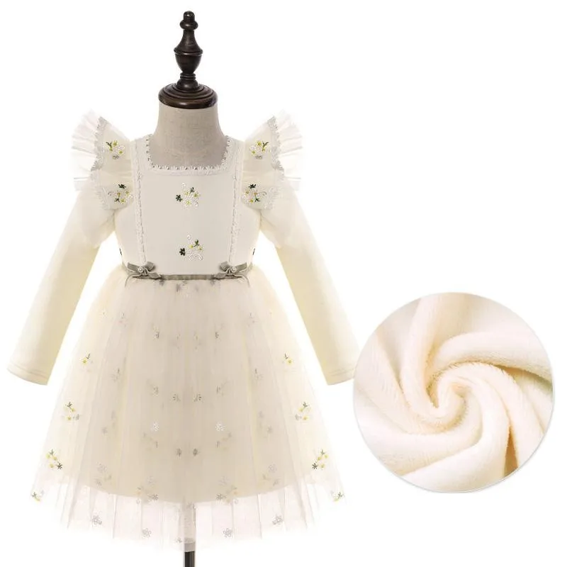 

Long Sleeve Dress For Girls Spring Autumn Small Flowers Embroidery Loose Knee Length Ball Gowns Child Kid Party Dance Dresses