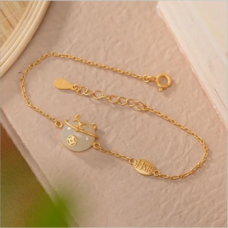 

White Jade Lucky Cat Bracelet Silver Gilding Hetian Jade 1 Bracelet Retro Style Exquisite Simple Han Chinese Clothing Access