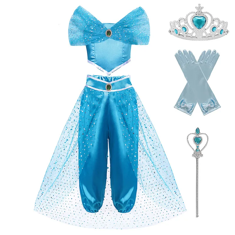 Jasmine Set H 4 шт. принцесса одежда Jasmine Комплект для девочки Топ Брюки повязка на голову Тюлевая накидка ребенок Алладин Косплей Вечерние наряды танец живота одежда - Цвет: Jasmine Set H