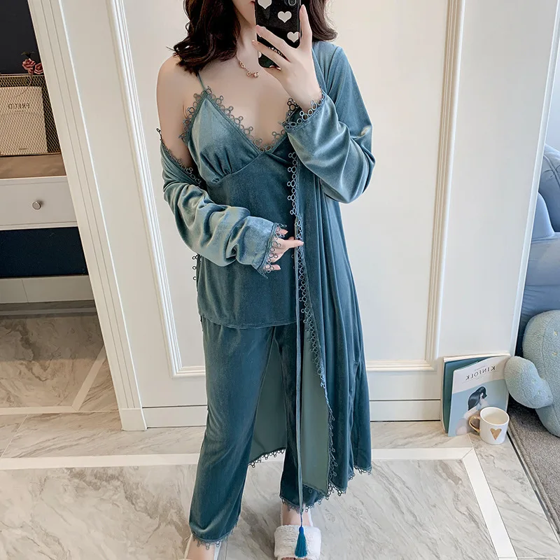 Осень новый золотой бархат чистый цвет 4 шт женский халат комплект согреться 2