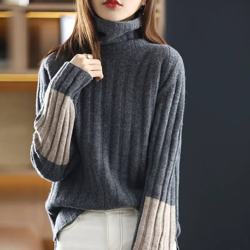 

Autumn and winter new color-blocking woolen sweater high-neck pits ladies sweaters with lazy thick knitted bottoming shirt
