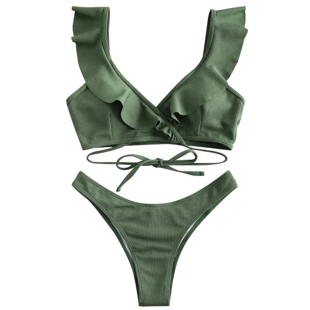 Новинка топ с оборками и повязки высоким разрезом стринги бикини набор v-образный