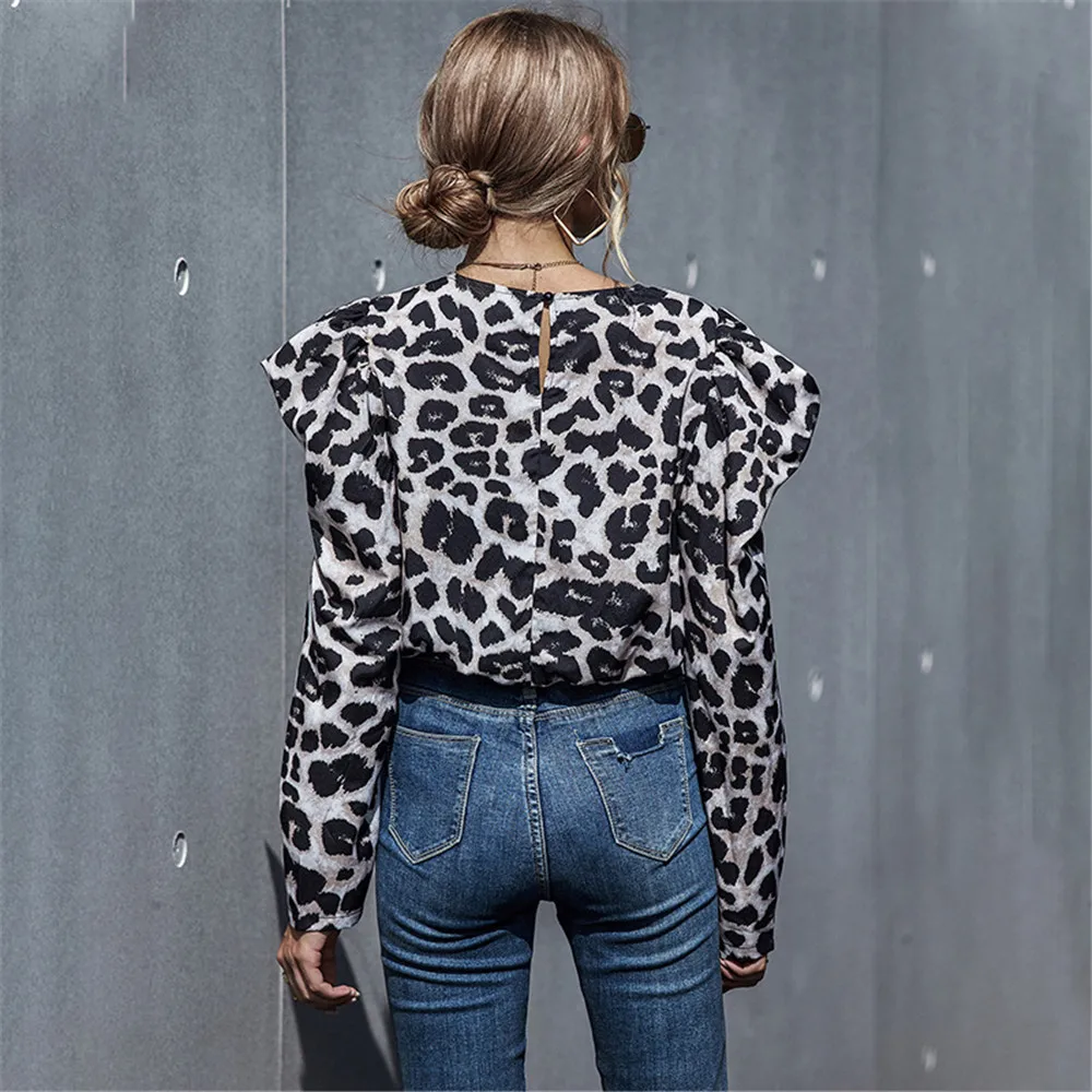 

Leopard Print Asymmetric Ruched Short Shirt Women 2021 Puff Sleeve O Neck Ladies Spring Clothes Casual Vintage Tops And Blouses