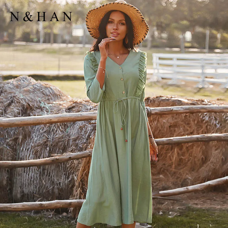 

Оборками Платья-макси с длинным рукавом для женщин на весну и лето 2021 повседневная юбка с высокой талией на шнуровке с v-образным вырезом одн...