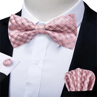 mens bow tie pink check bow ties for groom party accessories business wedding bowknot handkerchief cufflinks set dibangu