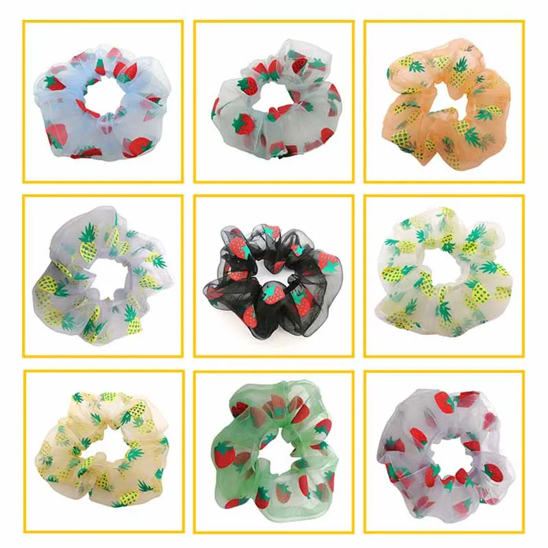 

Sweet Printed Fruit Mesh Headband Women's Romantic Chiffon Scrunchie Girl Hair Rope Ladies Tulle Organza Elastic Hair Accessorie