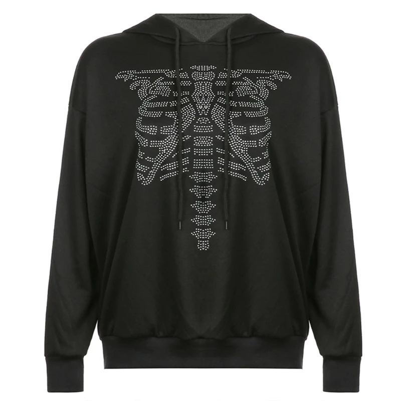 

Q1FA Women Gothic Long Sleeve Hoodies Rhinestone Skeleton Loose Pullover Sweatshirt