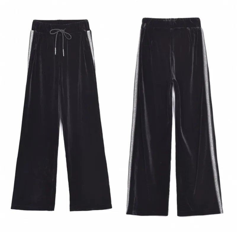 

Women Winter Fleece Wide Leg Pants Women's Fashion Warm Black Trousers Casual Side Striped Pants Pleuche Streetpants P9140