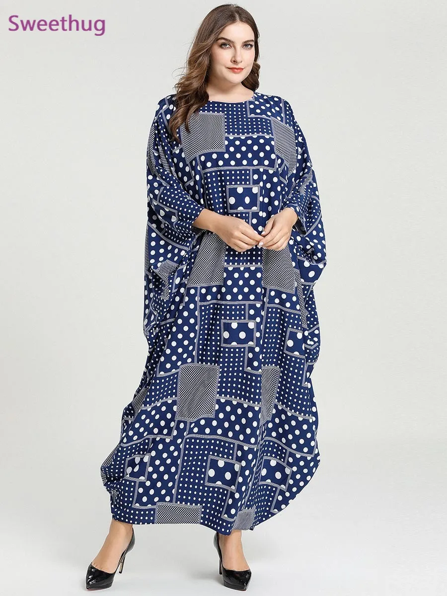 2021 polka dot printed batwing sleeve dress long sleeve abaya plus size kaftan ramadan robe african dashiki moroccan gown