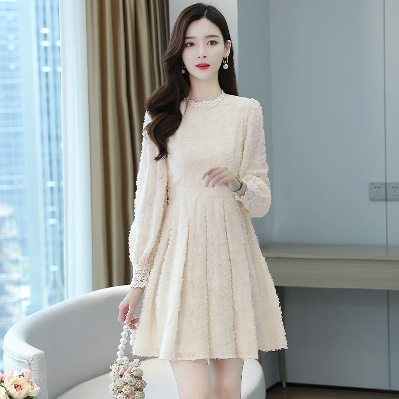 

2021 Autumn Pearl O-neck Lace Chiffon Long Sleeve Dress Slim Fashion Casual Dress