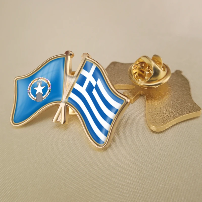 

Northern Mariana Islands and Greece Crossed Double Friendship Flags Lapel Pins Brooch Badges
