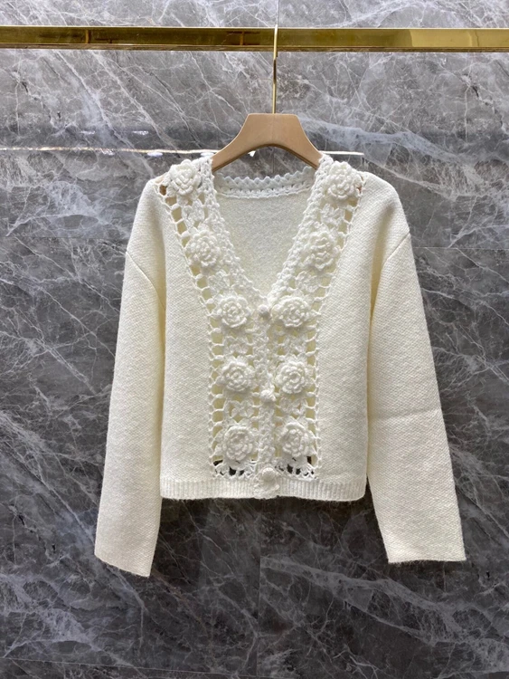 

2021 new women fashion V-neck crochet hollow stitching decoration long-sleeved knitted cardigan jacket 911