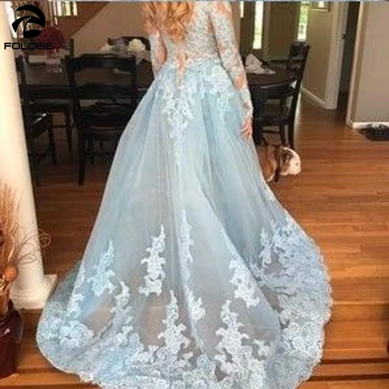 

Sexy Long Sleeves Prom Dresses Deep V Neck Lace Appliques Overskirt Illusion Evening Dresses Formal Dresses with Organza Train