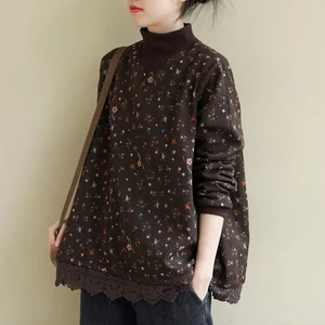 Новинка, осенние женские пуловеры в художественном стиле с длинным рукавом, Свободные Лоскутные кружевные пуловеры, универсальные повседневные хлопковые толстовки с винтажным принтом S559