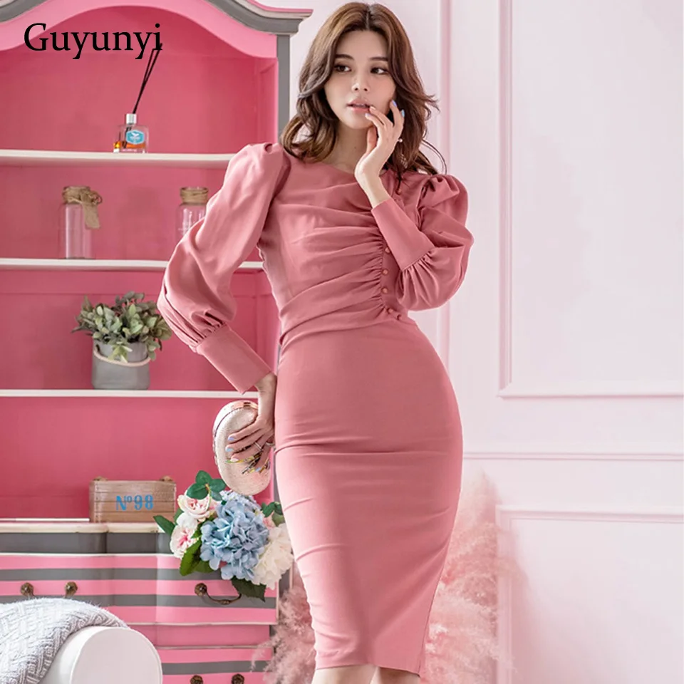 

Professional Office Dress 2022 Spring Pleated Decorative Buttons Plain Color Puff Sleeve High Waist Elegant Party Dress Women