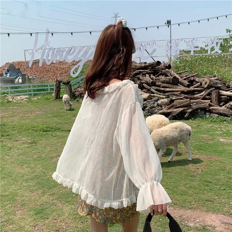

Blouses Women Casual Summer Perspective Ruffles Casual White Sun-proof Classy Thin All-match Korean Style Cozy Womens Top Blusas