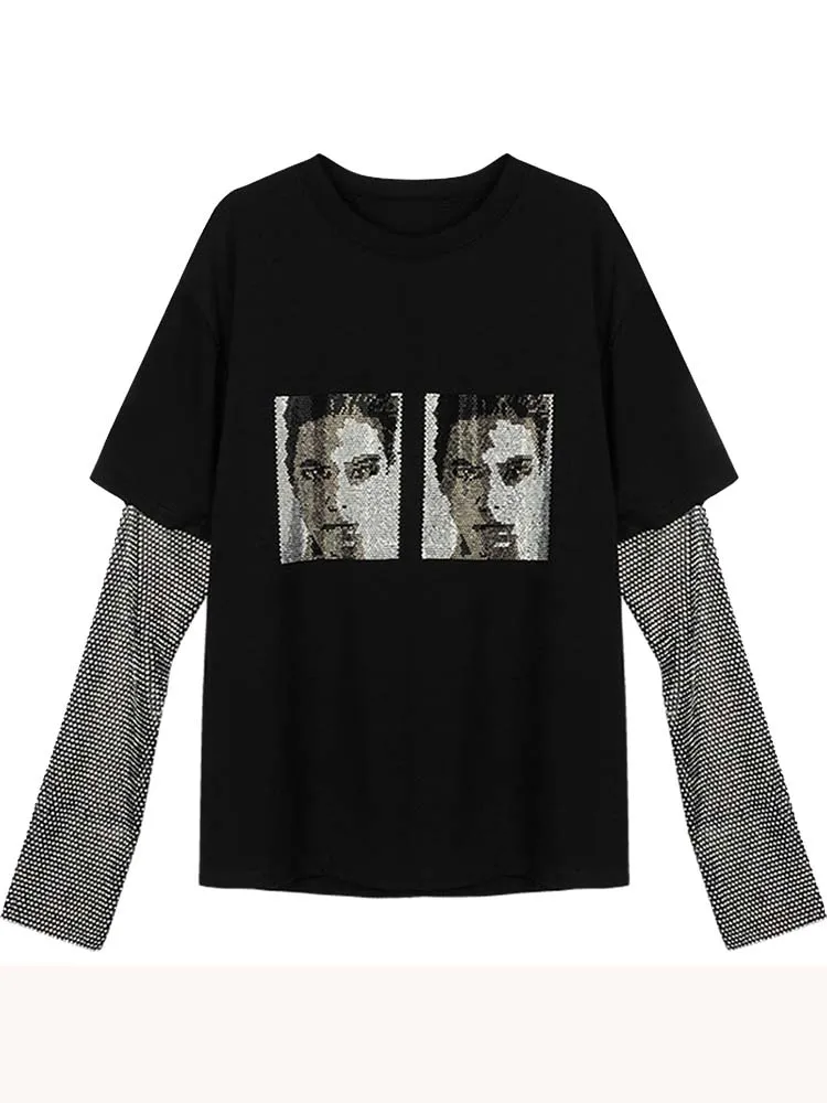 

women t shirt 2020 autumn winter streetwear graphic tees korean style vogue rhinestone long sleeve top ladies tshirt