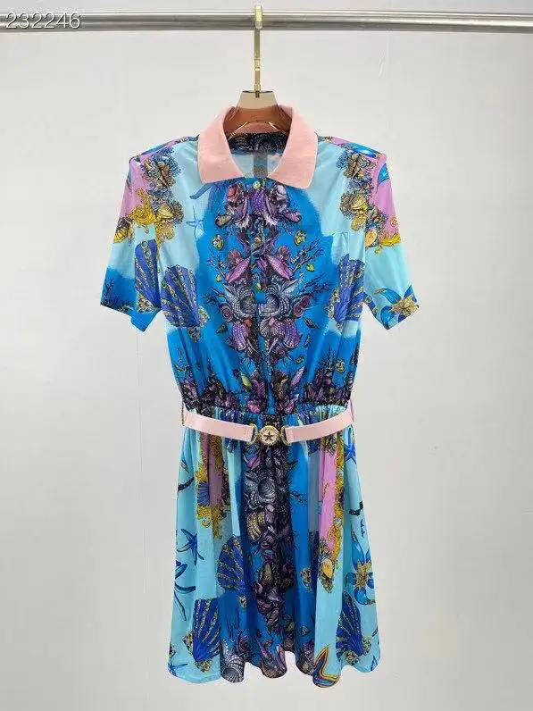 

Women Autumn Elegant Mini Dress Shirt High Quality Vintage Party Waist Elastic Floral Print Belt Designer Dress Casual Vestidos