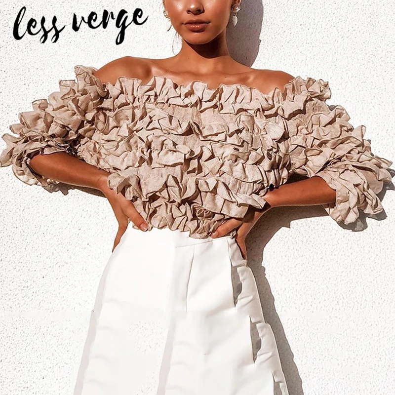 Lessverge с открытыми плечами рюшами Элегантная блузка Футболка для женщин короткий