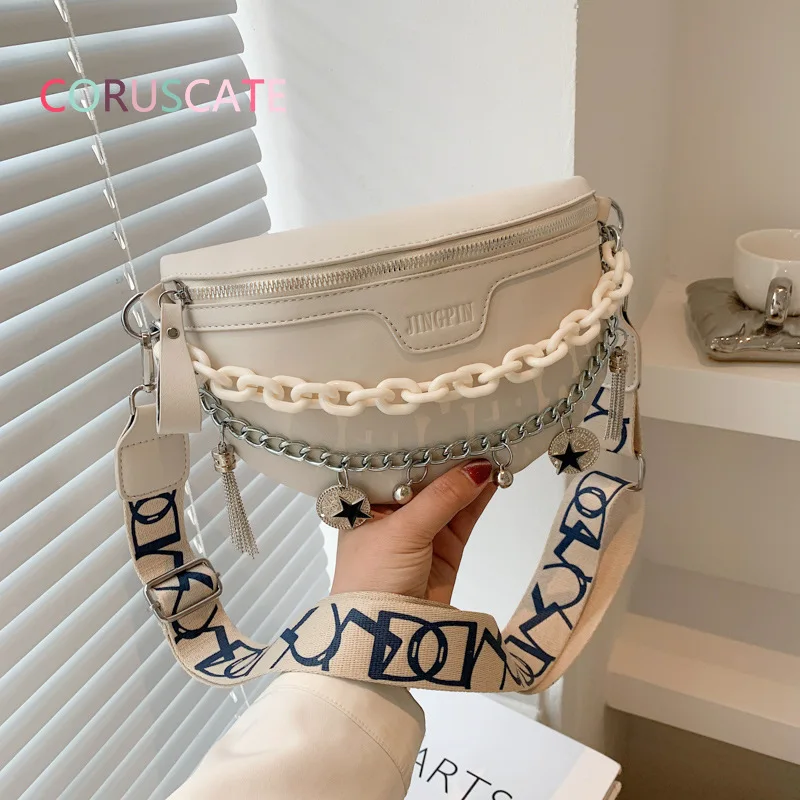 

European Waist Bag New High Quality Metal Pendant Women's Chest Bag White PU Leather Wide Shoulder Strap Female's Crossbody Bag