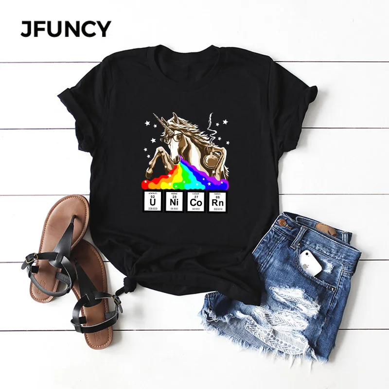 

JFUNCY Cool Unicorn Print T-shirts Women 100% Cotton T-shirt Kawaii Harajuku Female Shirts Top Women's Clothes Camiseta Mujer