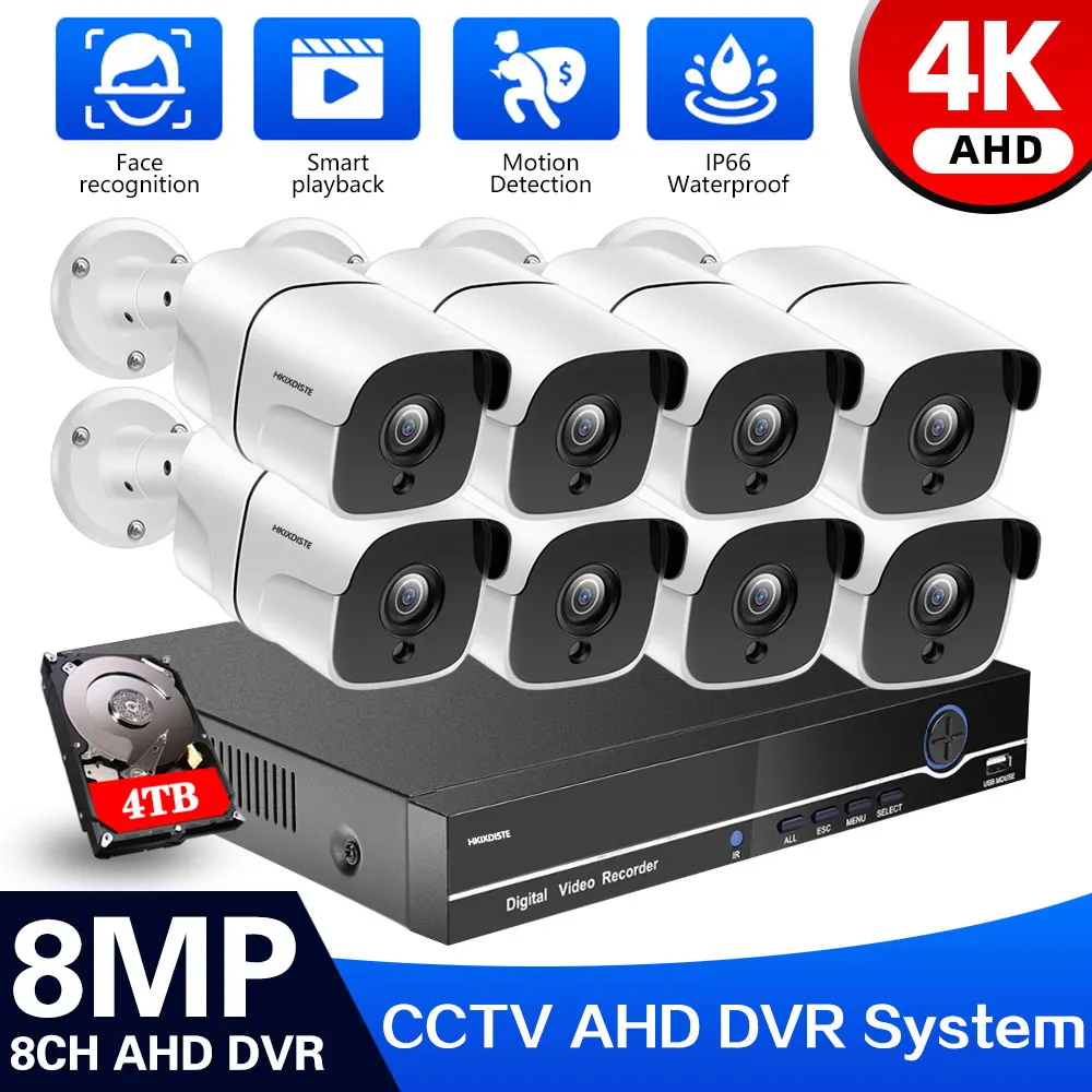 

HKIXDISTE H.265+ 8CH 4K 8MP AHD DVR Kit CCTV System 8.0MP HD Outdoor Waterproof IP66 Bullet Camera P2P Security Surveillance Set