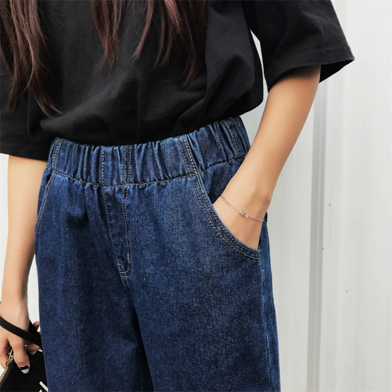 

Jeans Women Harem Solid Ankle-length Elastic-waist Retro Loose Plus Size 2XL Teens All-match Casual Korean Style Simple Slim New
