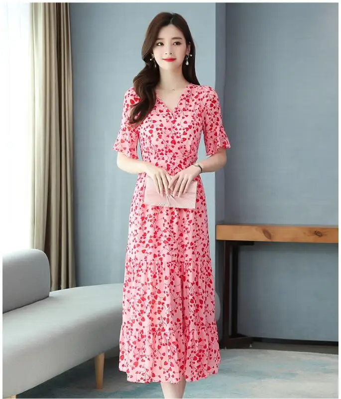 

Summer fashion chiffon dress for women 2020 Korean version of the new trend of broken flower medium and long short sleeved dress
