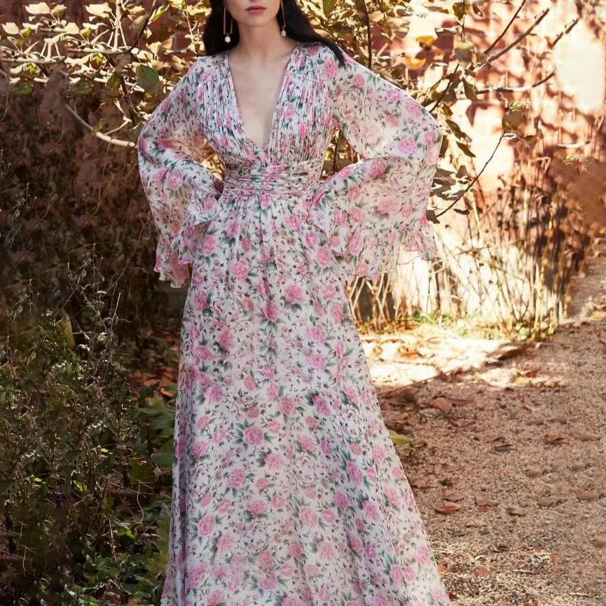 

Donsignet Floral Flare Sleeve Long Dresses 2021 Summer New V-Neck High Waist Chiffon Swing Print Full Sleeve Dresses for Women