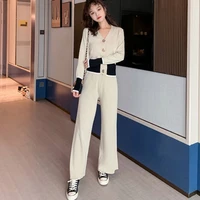 spring autumn 2021 new slim long sleeve women knitted cardigan high waist straight pants two piece set