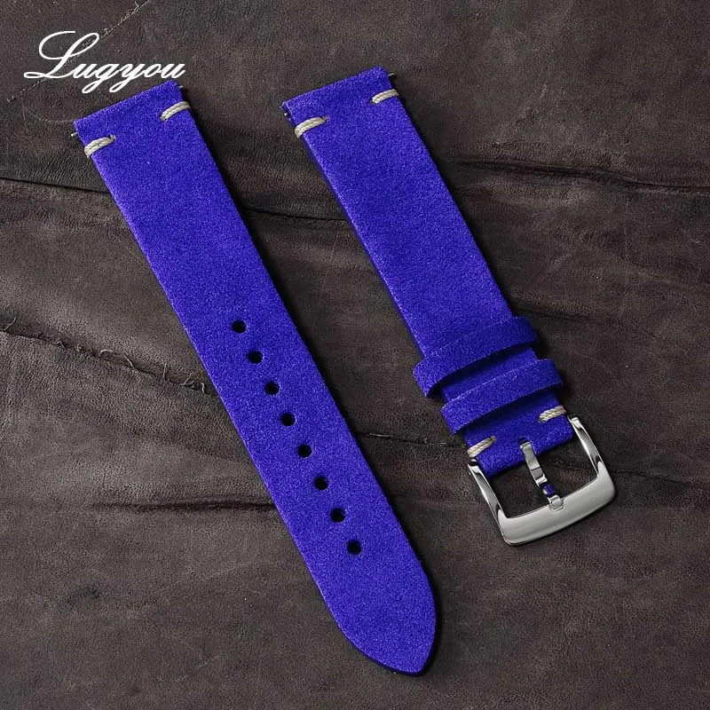 Bright Blue Lugyou San ремешок для часов из натуральной кожи для часов с плоскими концами 20 мм Пряжка с язычком из нержавеющей стали быстросъемные пружины - Цвет ремешка: Bright Blue
