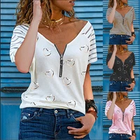 summer new 2021 women heart print loose zipper v neck t shirt ladies fashion striped short sleeve shirts tops s 5xl