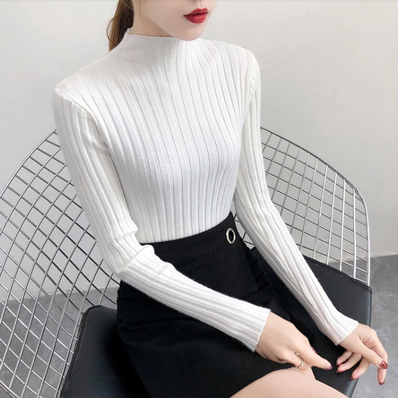 

Casual Knitted Sweater Turtleneck Korean Women Pure Color Sweater All Match Pullover Streetwear Ladies Sweater