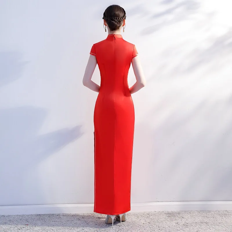 Красные женские весенние Длинные Cheongsam модные китайские стиль Леди китайский