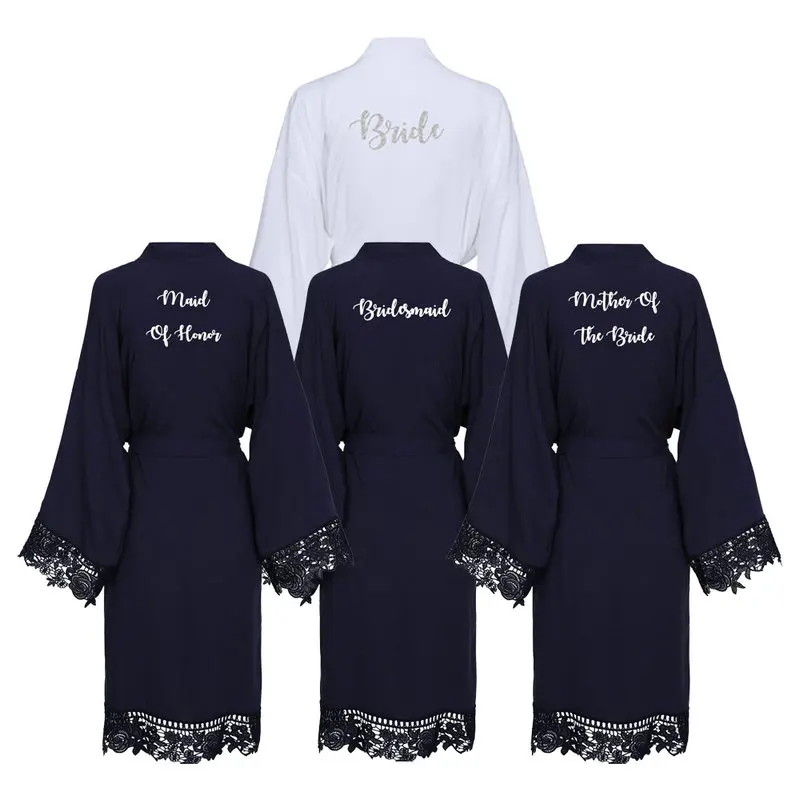 YUXINBRIDAL 2019 New Navy Solid Cotton Kimono Robes with Lace Trim Women Wedding Bridal Bathrobe Sleepwear White Print Bride