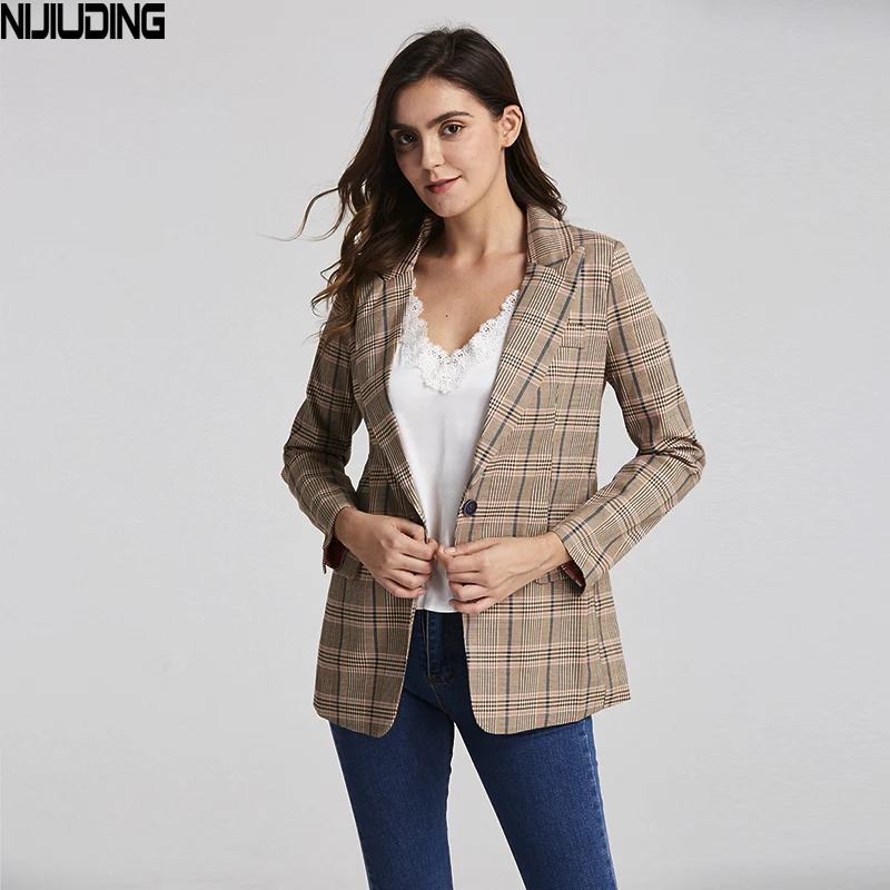 

Пиджак женский винтажный на одной пуговице, клетчатый блейзер с карманами, куртка с карманами, верхняя одежда, 2020