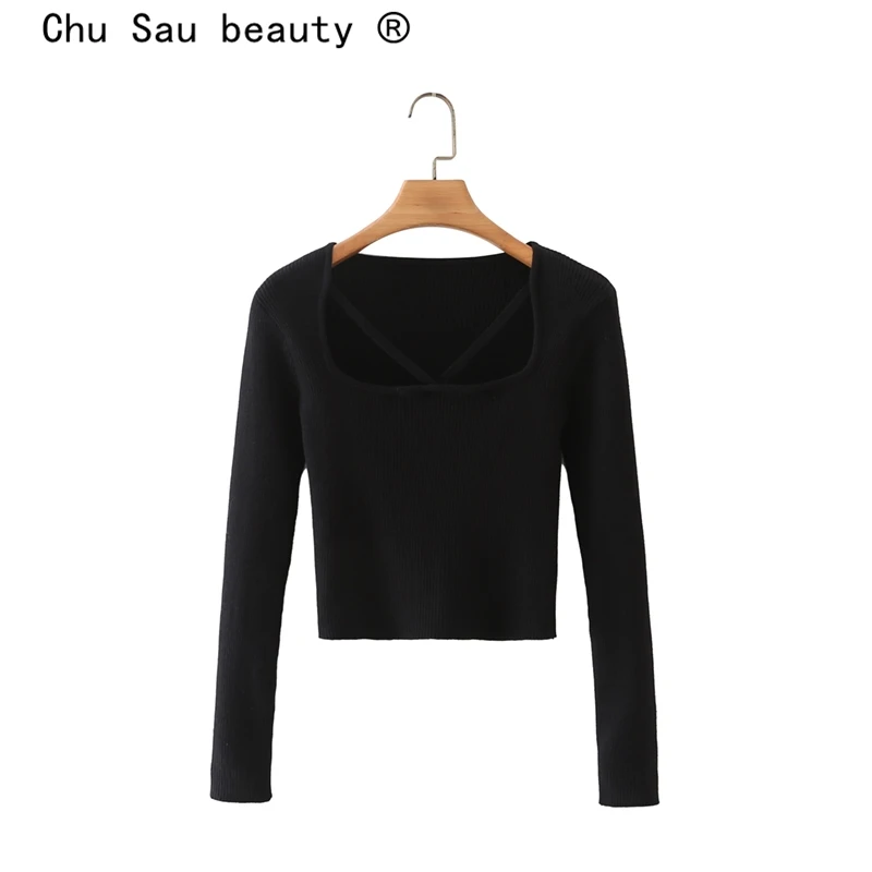

New Fashion Autumn ZA Vintage Black Slim Knitted Shirts Women Casual Chic Square Collar T-shirts Female Fall Long Sleeve Shirt