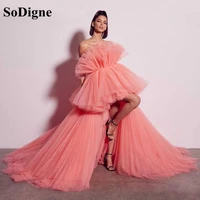 sodigne pink hi low tulle evening dresses with train long women prom formal gowns puffy fluffy graduation party dress 2021