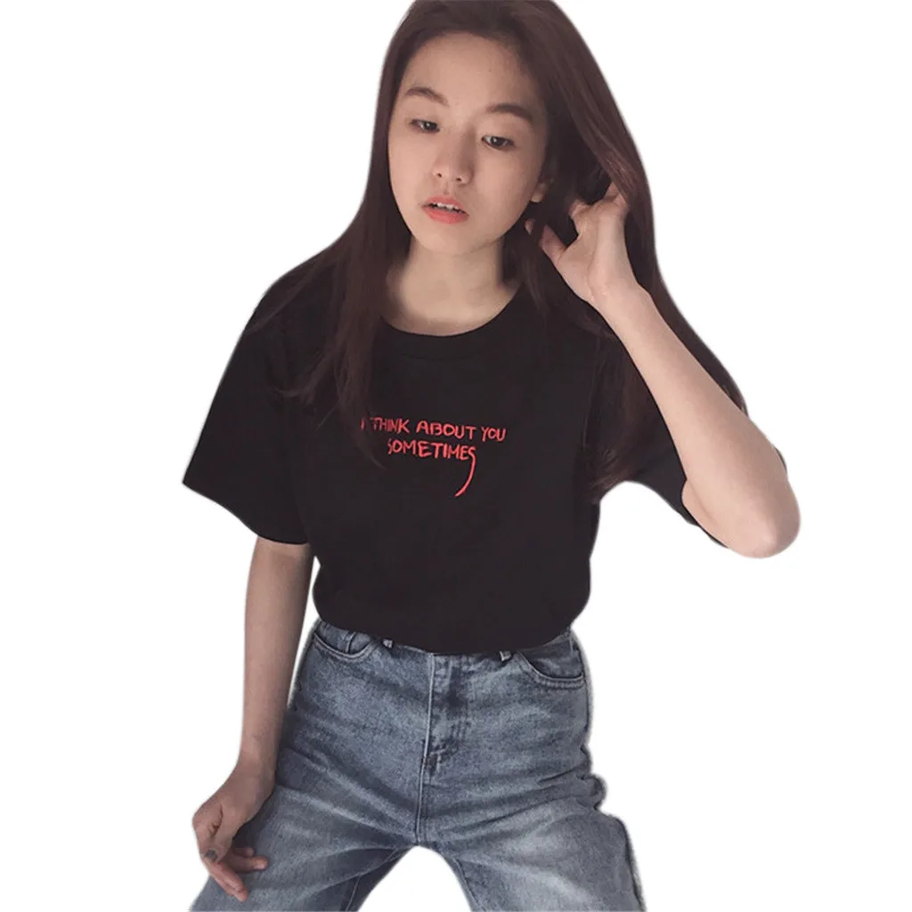 Летние топы, корейский Ulzzang Harajuku, вышивка, короткий рукав, женские повседневные рубашки, футболка,, новинка#0911 - Цвет: Черный
