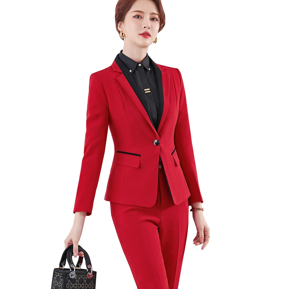 Women's Office Formal Work Wear Pant Suit Blazer Ladies Red Black Gray Blue Long Sleeve Classic Solid Slim Two Piece Set