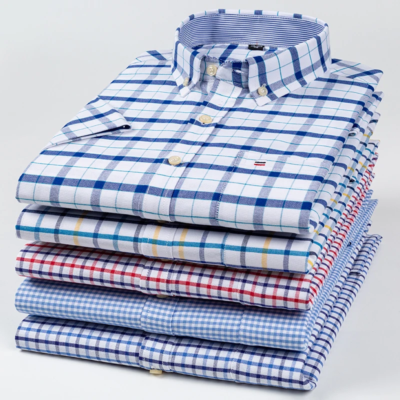 

S~7xl Cotton Shirts for Men Short Sleeve Summer Plus Size Plaid Shirt Striped Male Shirt Business Casual White New Regular Fit