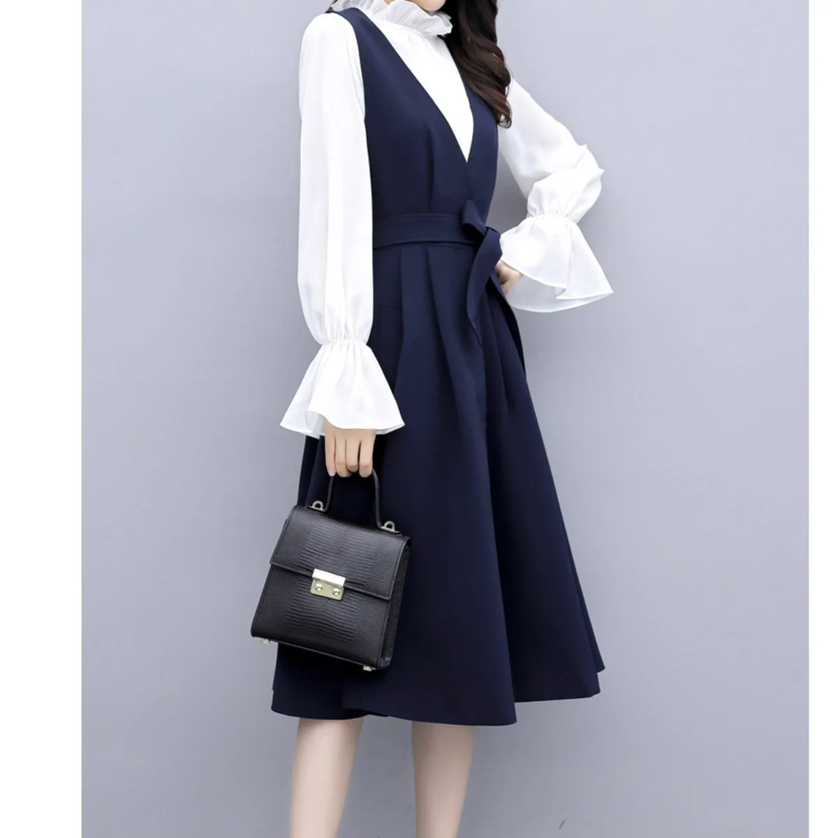 

Blue Dress And White Shirt Two-piece Set Women's Clothing Fashion Elegant Suit Dress For Women Spring And Autumn Set Sukienka