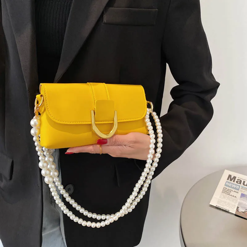 

Korean New Shoulder Bags Women High Quality Pu Leather Elegant Purses 2021 Solid Color Pearl Chain Handbag And Purse Sac A Main