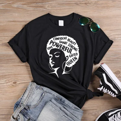ONSEME Afro Lady Graphic футболки Женская Феминистская футболка Девушка сила королева лето черный розовый Женская футболка Эстетическая одежда Q-882 - Цвет: Black